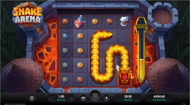 Comodín de serpiente devorando comodín de caballero durante los giros gratis de la slot online Snake Arena de Relax